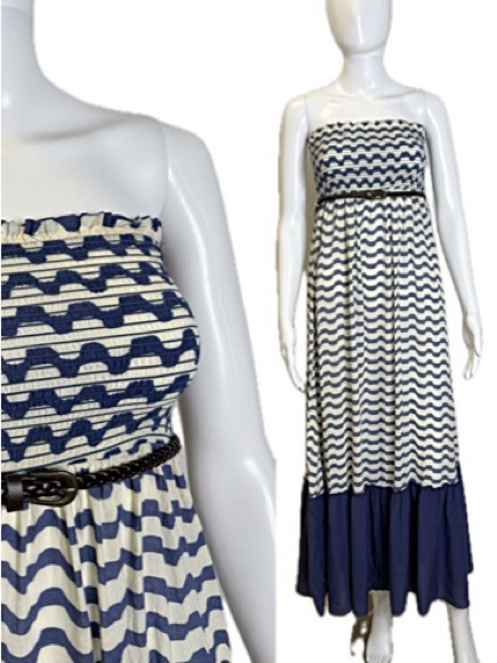 Akualani Zig Zag Striped Strapless Smocked Top Tiered Ruffle Maxi Dress Size M